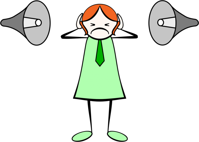 A woman wearing a green dress and green shoes surrounded by two megaphones, holding her ears as if she's overwhelmed by the sound. No doubt due to trying to prioritizing advocacy.