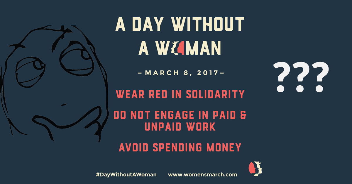 Image features a day without a woman press materials with a skeptical face on one side and three question marks on the other.
