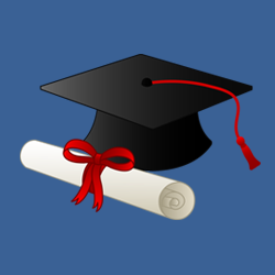 A college graduation cap and diploma piece of clipart on a blue background.