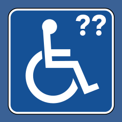 The International Symbol of Access--a stick figure wheelchair user--depicted on a blue background with two question marks in the upper righthand corner.