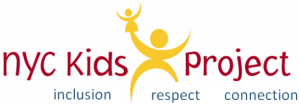 NYC Kids Project Logo, written out in all lowercase letters, with the words "inclusion", "respect", and "connection" underneath. In the middle is a yellow stick figure with a smaller stick figure puppet on its right hand.